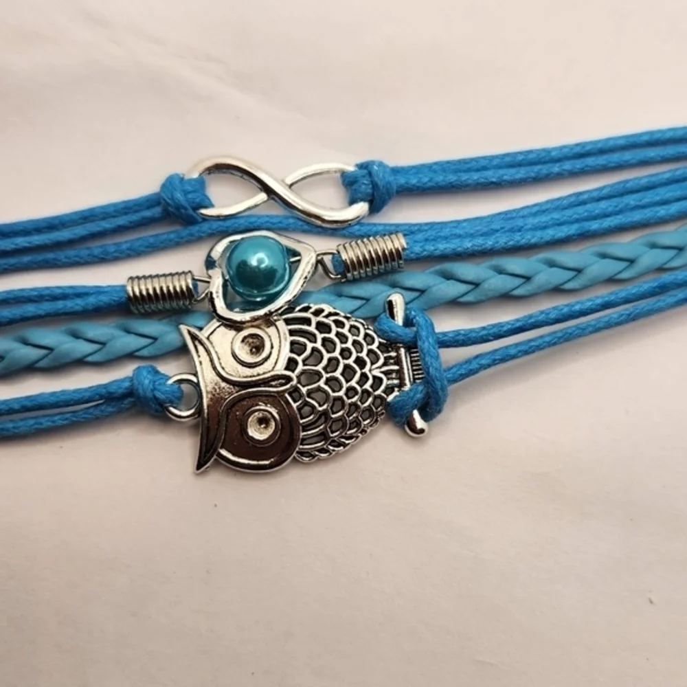 Multi Charm Leathet Bracelet Infinity‎ Symbol with Faux Pearl Heart and Owl